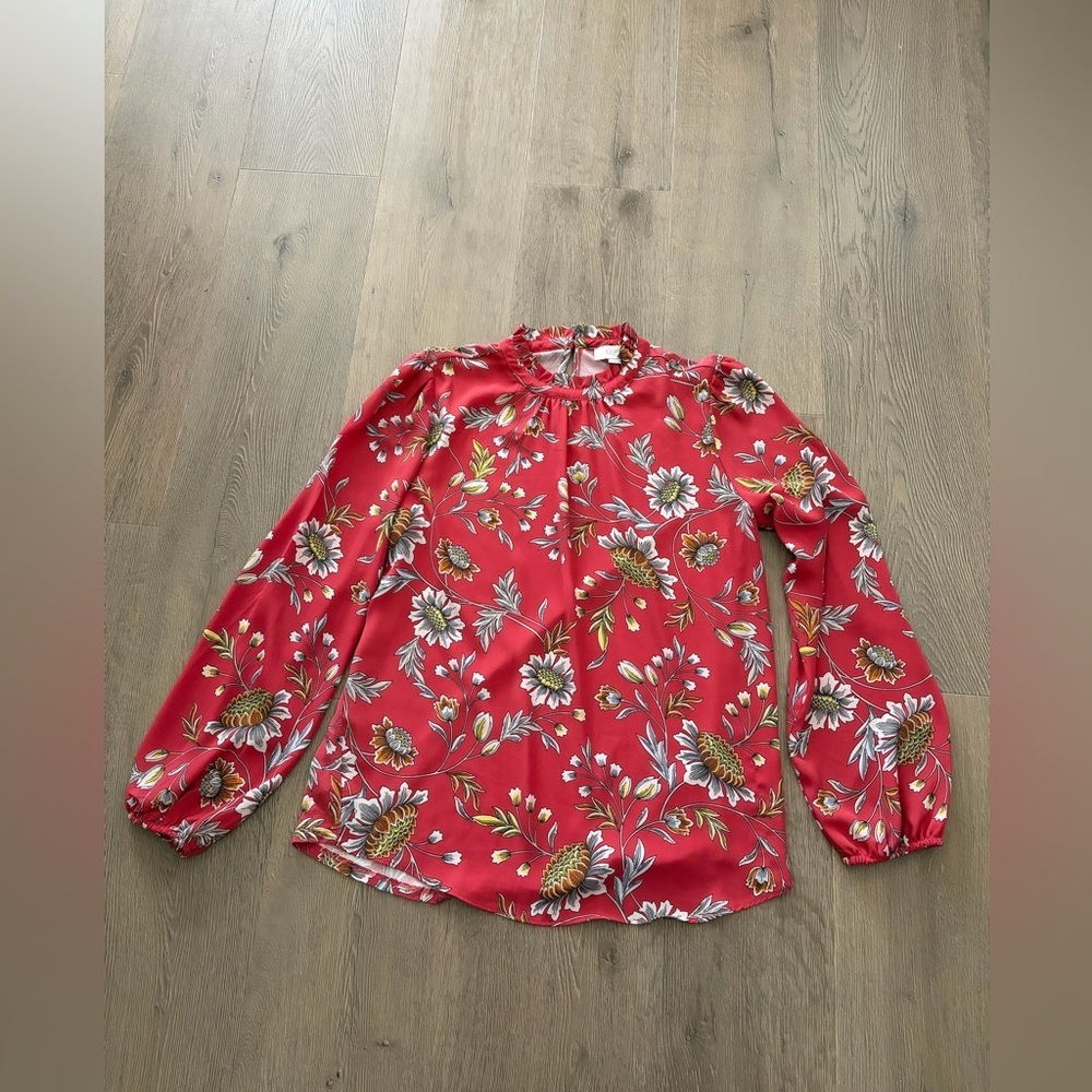LOFT Red Floral Long-Sleeve Ruffle-Neck Blouse